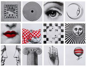 Fornasetti ha utilizzato diversi simboli, tra cui i più ricorrenti: civette, carte da gioco, capitelli, colonne, volti greci, farfalle. 