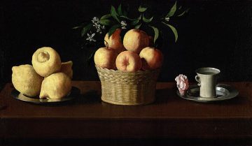 Francisco de Zurbarán Piatto di cedri cesto di arance e tazza con rosa