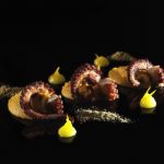 ricette autunnali: polpo abbrustolito con purè di patate americane e gel di arancia