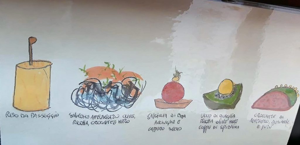 cenare da sadler in un cortile. L'antipasto servito in uno scrigno e raccontato con disegni