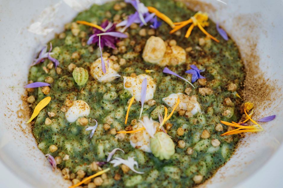 Sapori e colori della cucina di montagna a Cortina 3 Risotto di Termeno, ortica di Carezza, caprino affumicato, grano saraceno soffiato, polvere kimchi di crauti