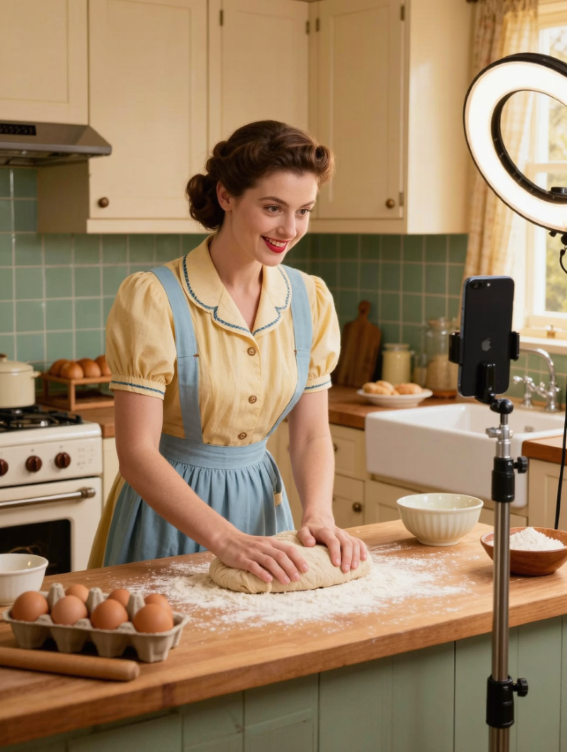 Il ritorno della casalinga: tradwife, Instagram e nostalgia di una vita perfetta 2 Donna vestita in stile anni Cinquanta prepara il cibo in una cucina rétro mentre utilizza strumenti per creare contenuti digitali.